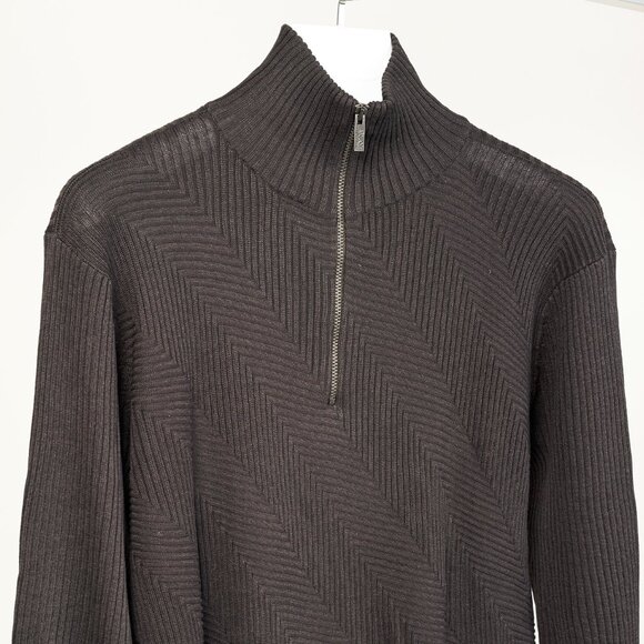 Armani Collezioni Brownish-Grey Ribbed Silk-Blend Knit 1/2-Zip Pullover - Picture 3 of 11